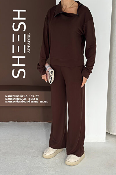 SHEESH APPAREL Soft Textured Modal Suit Top Cross Side Zipper Detailed Sweatshirt Bottom Palazzo Pantalon