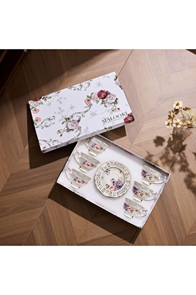 Malooki Set of 6 Porcelain Cups with Saucers – Vintage Floral Design, 90 ml