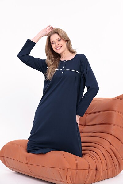 BLACKMORE Women's Navy Blue Plus Size Cotton Buttoned Long Nightgown