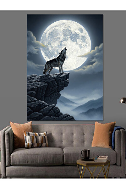 Tablo Mega Dolunay Altında Siyah Boz Kurt Dekoratif Kanvas - Mdf Ahşap Tablo