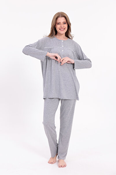Yulem Homewear Women's Gray Piped Long Sleeve Cotton Plus Size (Oversize) Pajama Set