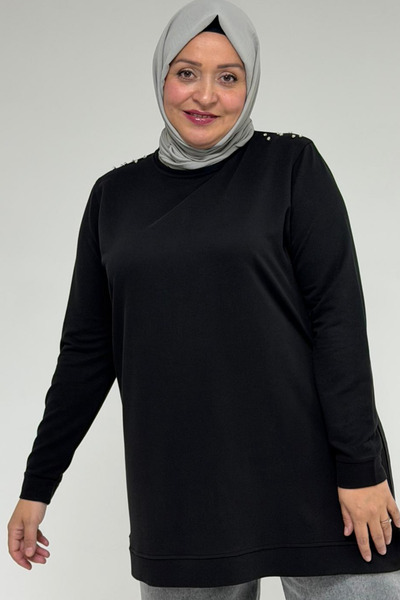 Eslina 58171 Κρυστάλλινο τουνίκ με πέτρινη λεπτομέρεια στον ώμο - Μαύρο