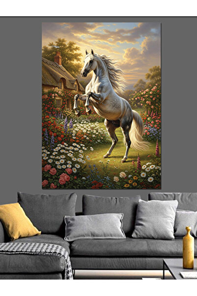 Tablo Mega Beyaz At Vahşi Koşuyor Dekoratif Kanvas - Mdf Ahşap Tablo