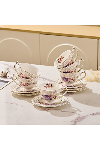 Malooki Set of 6 Porcelain Cups with Saucers – Vintage Floral Design, 90 ml