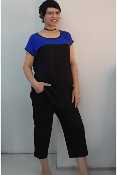 Mertcan Butik Black Indigo Blue Color Block Capri Length Size Whole Set Low-Sleeve Combed Viscose Suit