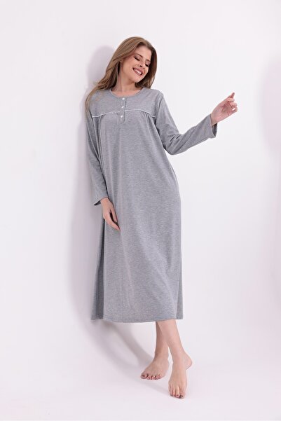 BLACKMORE Women's Gray Plus Size Cotton Buttoned Long Nightgown