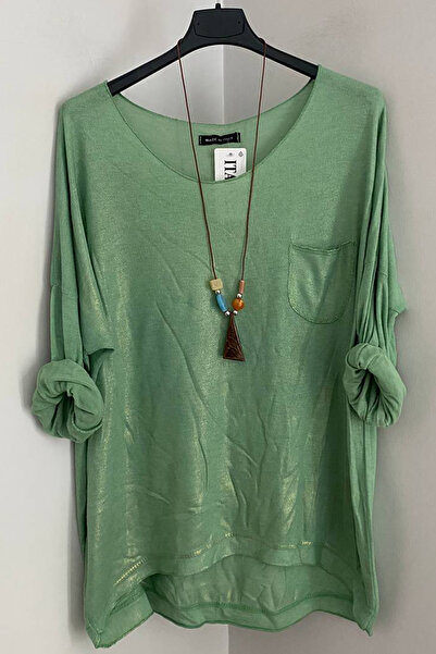 AYASOFYA OTANTIK Bluză de damă, verde italiană, cu mâneci lungi, cu buzunar în partea din față, cu detaliu de placare cu sclipici strălucitor