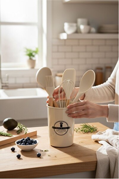 kitchenboost Elegant 5-Piece Silicone Serving Set - with Cream-Colored Spoon Holder Stand