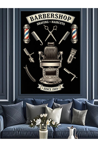 Artmeg Berber Dükkanı Koltuk Ve Semboller Dekoratif Kanvas - Mdf Ahşap Tablo