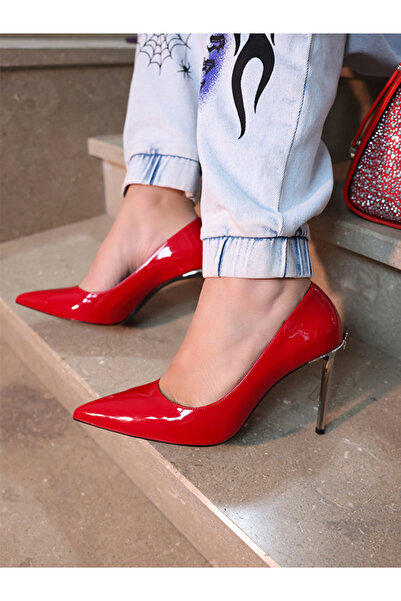 EVASAMLİSHOESBAG Kırmızı Rugan Topuklu Ayakkabı