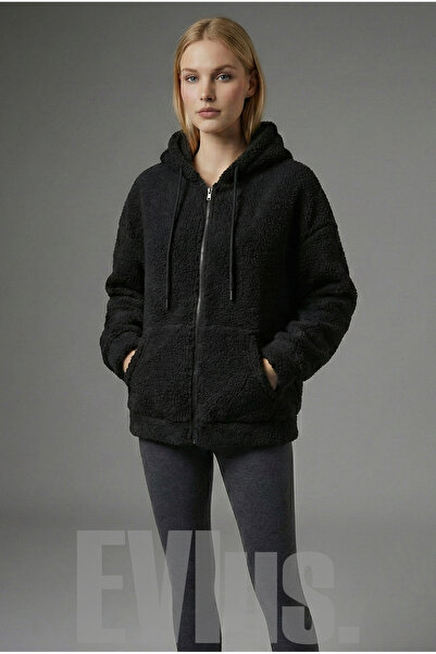 EVIus Plush Fabric Long Sleeve Hooded Cardigan Kangaroo Pocket Oversized Winter