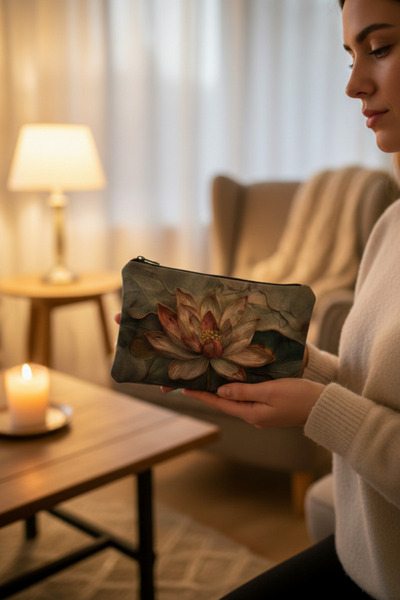 shop Uzak Doğu Lotus Çiçeği (Nilüfer) Desenli Sanatsal Fermuarlı Makyaj Çantası