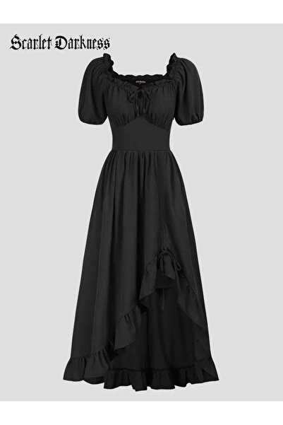 SCARLET DARKNESS Rochie maxi victoriană din dantelă cu șnur și guler pătrat p...