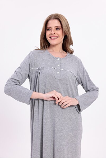 BLACKMORE Women's Gray Plus Size Cotton Buttoned Long Nightgown