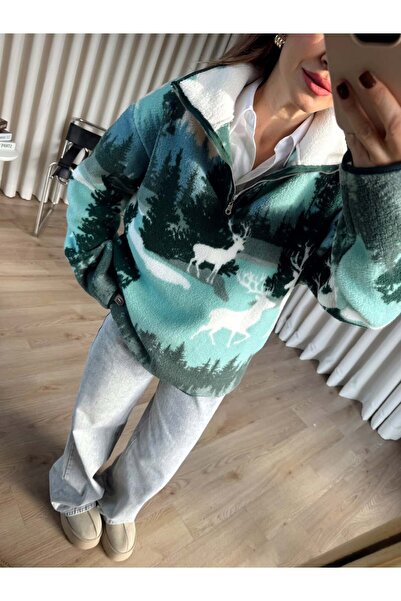 MEECY Φούτερ με μισό φερμουάρ oversized από βελούδινο υλικό