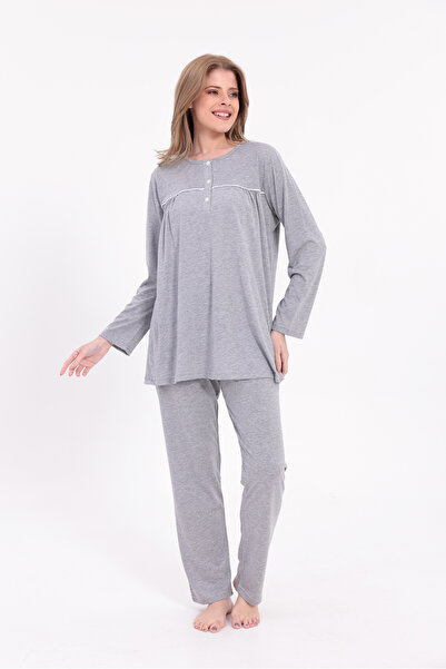Yulem Homewear Women's Gray Piped Long Sleeve Cotton Plus Size (Oversize) Pajama Set