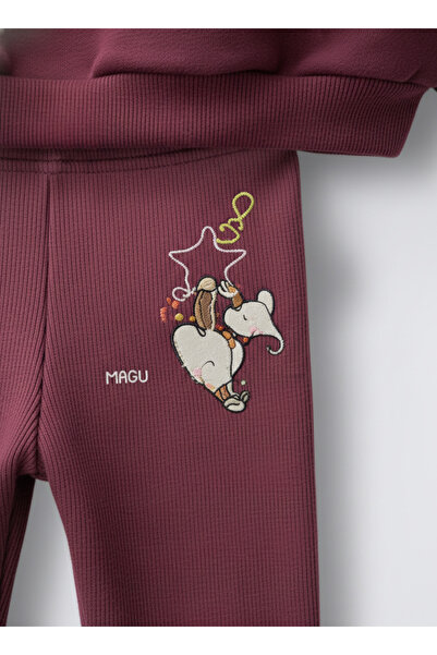 Magu Girl's Cotton Burgundy Heart Printed Sweatshirt Tracksuit Set