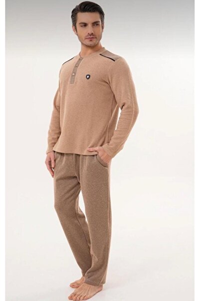 EM&FA TEKSTİL Thessaloniki Fabric Brown 100% Cotton Men's Pajama Set (Large Sizes Available)