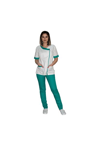 LifeStyle Medical Costum medical dama, halat alb si pantalon verzi cu elastic...