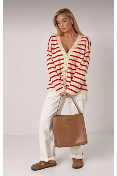 glanour Women's Black Striped Knitwear Button V-Neck Cardigan