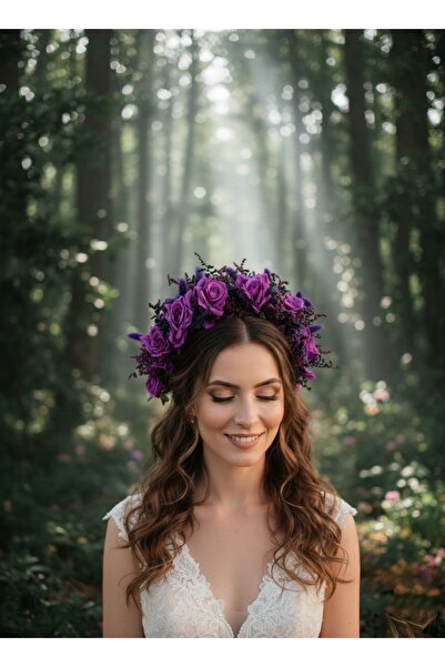 jujü Gelin çiçek tacı, mor gül tacı, düğün çiçek tacı, düğün saç aksesuarı