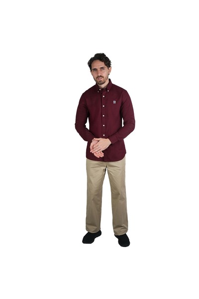 Giordano Men's Cotton Oxford Shirt - Small Lion Embroidery, Slim Fit, Full Button