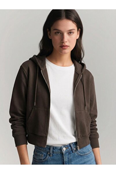 BUSEM Kadın Fermuarlu Kısa Hırka Kahverengi