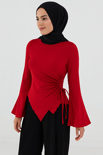 ELMODA Red Ruched Detail Asymmetric Sandy Blouse – Long Sleeve