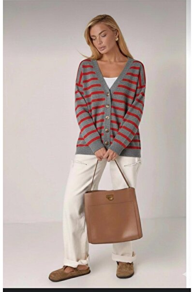 glanour Women's Black Striped Knitwear Button V-Neck Cardigan