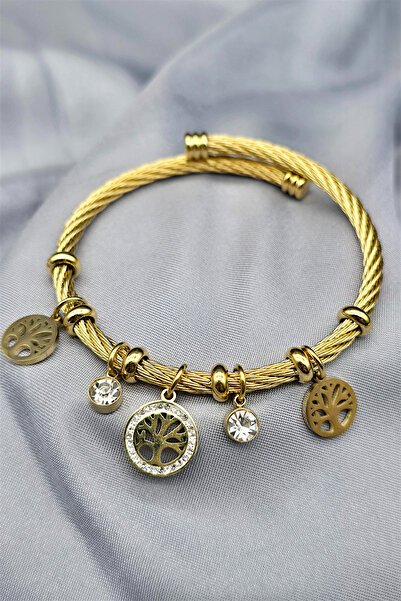 NBS Beautiful Naturel Stones سوار فولاذي مرصع بالأحجار على شكل شجرة الحياة، ل...