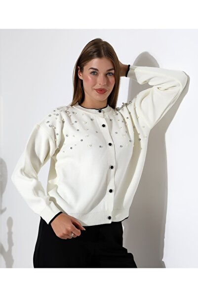 Blue Morpho Pearl and Stone Embellished Knitwear Skirt Top Crop Cardigan