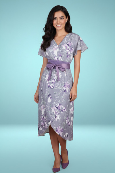 TREASUREISLAND Gray floral dress with a waist belt