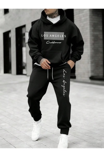 PAVRO Tracksuit Set Sweatshirt Jogger - Oversized Fleece-Lined Mixed Printed Hooded