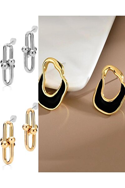 İlraysa 3’lü Kombin Set: Gold ve Gümüş Renk Tiffany Küpe | Asimetrik Küpe | T...