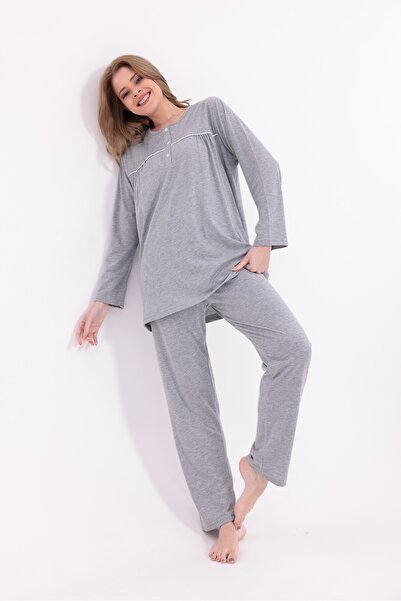 BLACKMORE Women's Gray Plus Size Cotton Button down Pajama Set