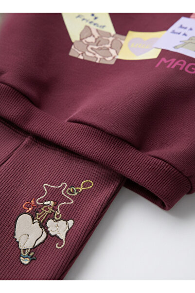Magu Girl's Cotton Burgundy Heart Printed Sweatshirt Tracksuit Set
