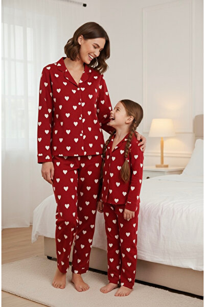 Free Beka Red Heart Patterned Long Sleeve Buttoned Front Shirt Collar Mother Daughter Pajama Set Combination