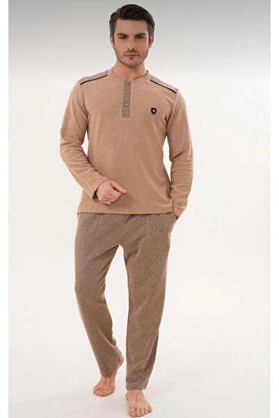 EM&FA TEKSTİL Thessaloniki Fabric Brown 100% Cotton Men's Pajama Set (Large Sizes Available)
