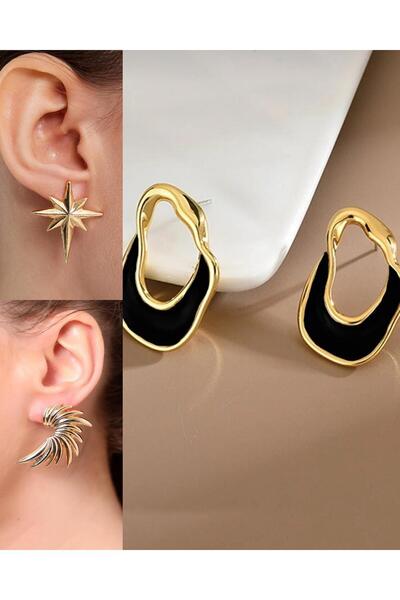 İlraysa 3’lü Kombin Set: Gold Kuzey Yıldızı ve Gold Kanat Küpe | Asimetrik Kü...