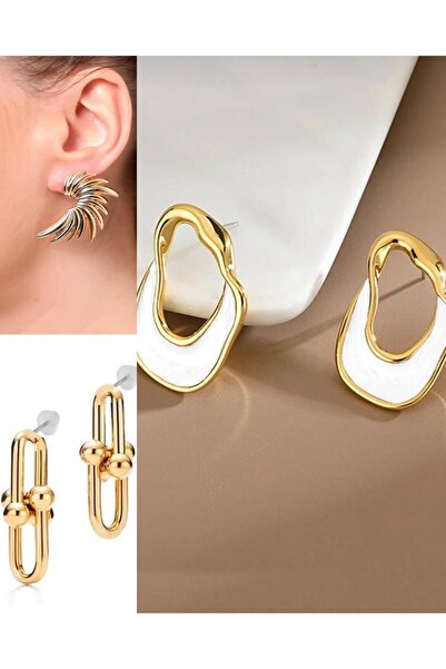 İlraysa 3’lü Kombin Set: Gold Kanat ve Gold Tiffany Küpe | Asimetrik Küpe | T...