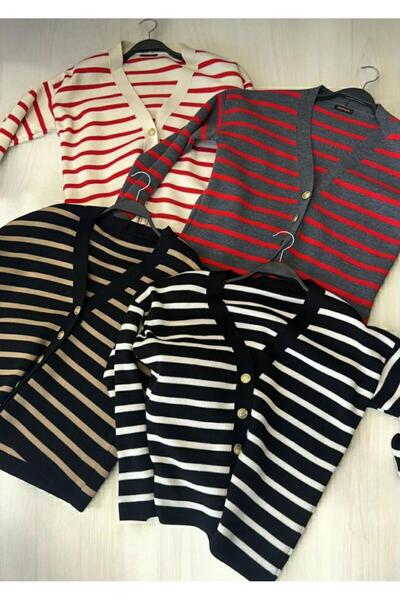 glanour Women's Black Striped Knitwear Button V-Neck Cardigan