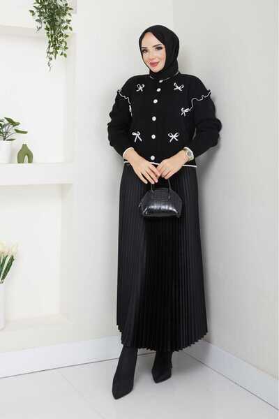 Blue Morpho Bow-Knot Knitwear Crop Cardigan Pleated Skirt Two-Piece Combination Set