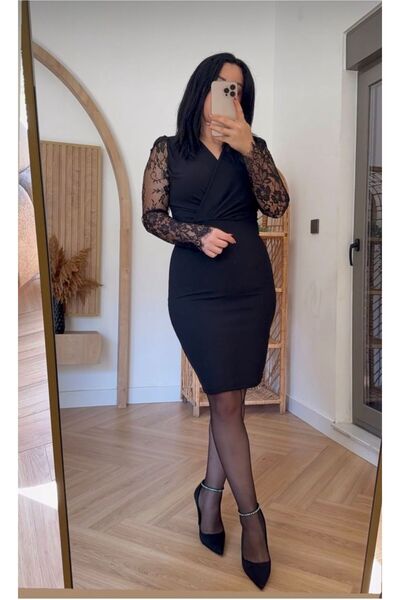 Store Siyah Kruvaze Yaka Kol Dantel Detay Elbise