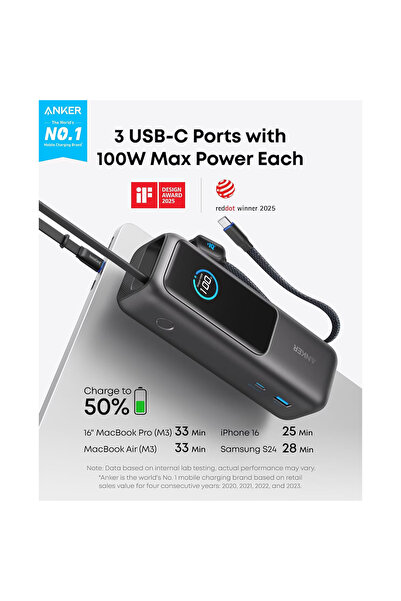 Anker Acumulator extern 25.000 mAh, 165W, 100W USB-C, cablu USB-C retractabil, Negru