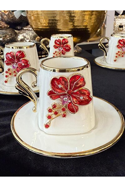 LOKMAN ZÜCCACİYE 6 Personalized Hand-Designed Red Flower Bronzed Gilt Coffee Cup Set 90 ml