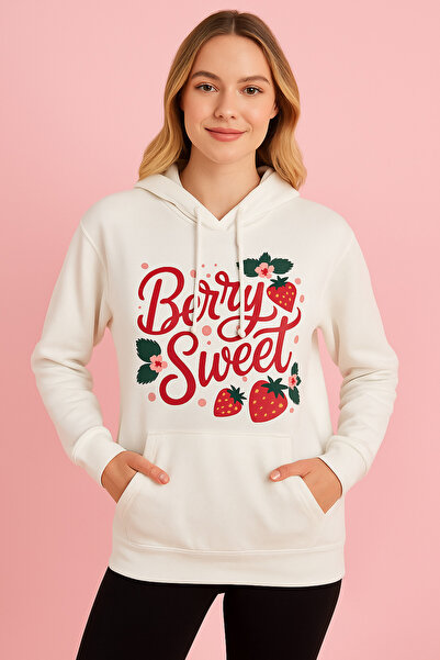 ocke Berry Sweet Printed White Unisex Kangaroo Pocket Hoodie