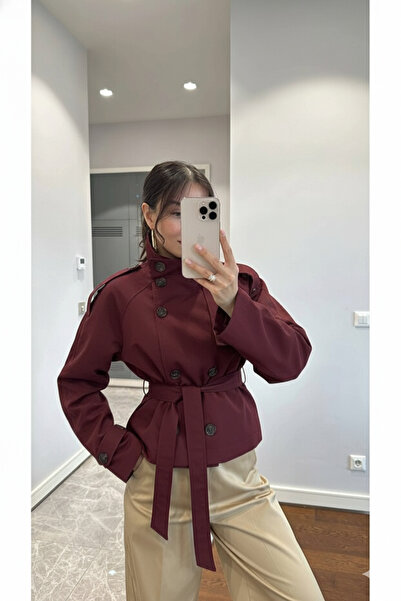 Miss Beyoğlu Γυναικείο κοντό παλτό μπορντό – Παλτό ελαφρύ με λεπτομέρεια με κουμπιά με ζώνη