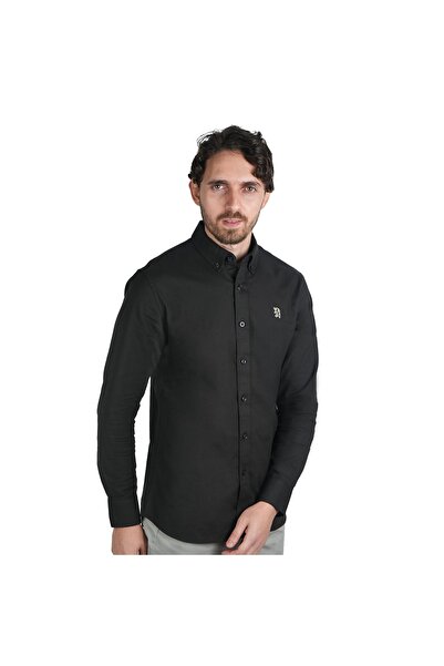 Giordano قميص أكسفورد قطني للرجال - تطريز أسد صغير، قصة ضيقة، أزرار كاملة