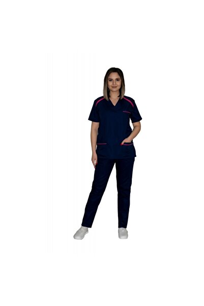 LifeStyle Medical Costum medical dama, bluza cu insertii ciclam si pantaloni bleumarin cu elastic, tercot, L