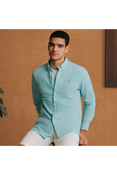 Giordano Men's Cotton Oxford Shirt - Small Lion Embroidery, Slim Fit, Full Button